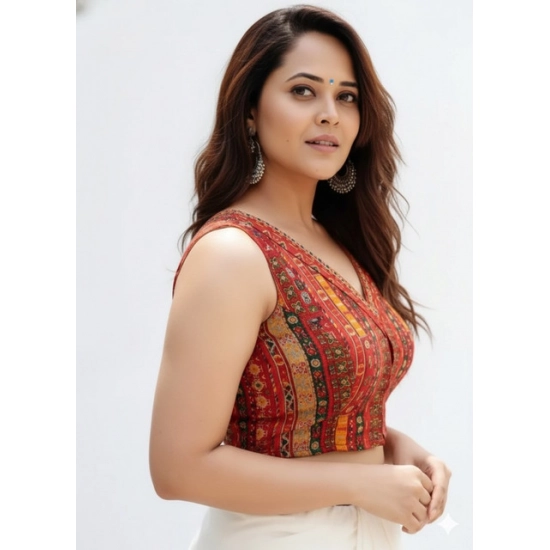 Generic Women's Cambric Cotton V Neck Padded Blouse (Red, 38 Ready Size (Self-Alterable 36–40)