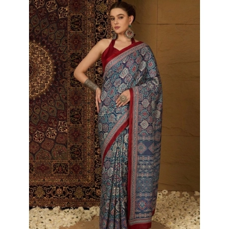Generic Women's Crepe Printed Saree With Unstitched Blouse 5.5Mtr (Navy Blue)