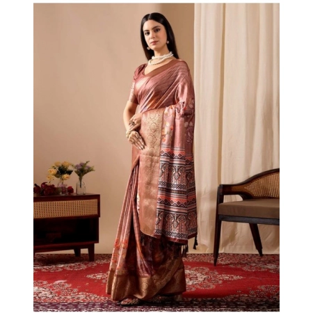 Generic Women's Faux_Silk Printed Saree With Unstitched Blouse 5.5Mtr (Brown) Generic Women's Faux_Silk Printed Saree With Unstitched Blouse 5.5Mtr (Brown)