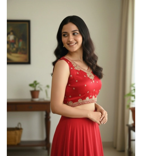 Generic Women's Zimmi Choo Embroidered V-Neck Padded Blouse (Red 38 Ready (Self Alterable 36–40)