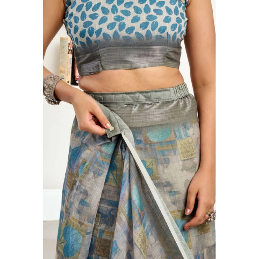 Generic Women's Linen Cotton Printed Ready To Wear Saree With Unstitched Blouse 5.5 Mtr (Grey)