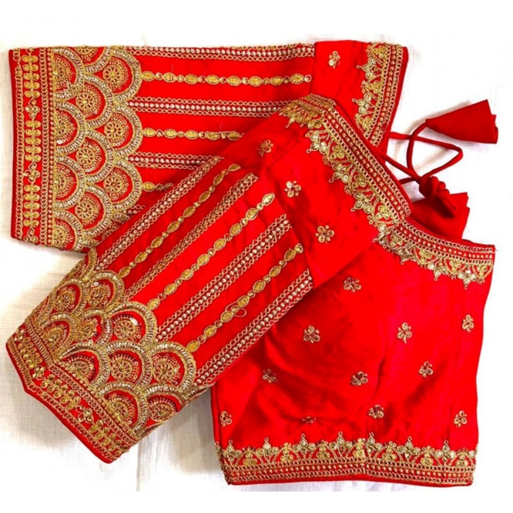 Women's Phantom Silk Embroidered Designer Neck Padded Blouse (Red 38 Ready (Alterable up to 42)