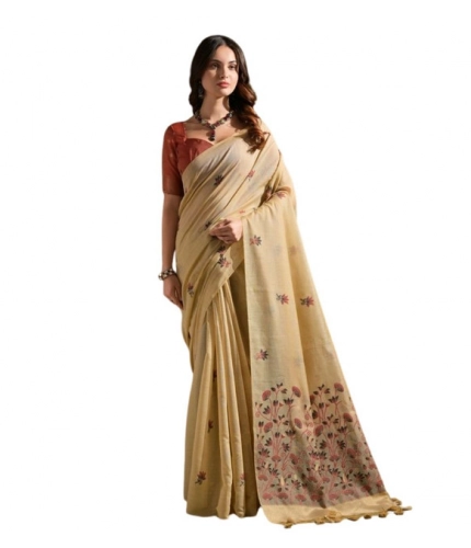 Generic Women's Blended_Cotton Floral Saree With Unstitched Blouse 5.5Mtr (Beige)