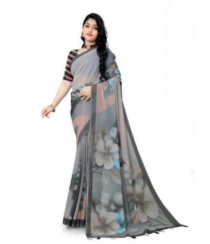 Generic Women's Georgette Floral Printed Saree With Unstitched Blouse 5.5Mtr (Grey)