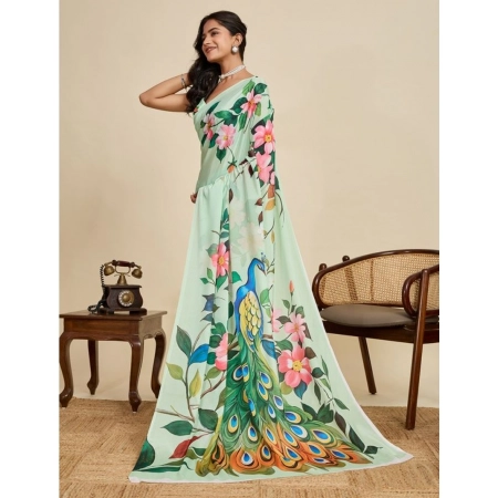 Generic Women's Faux_Georgette Printed Saree With Unstitched Blouse 5.5Mtr (Light_Green)