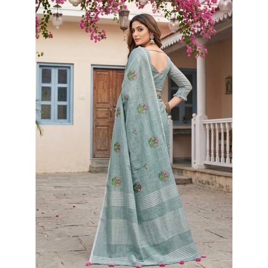 Generic Women's Linen Embroidered Saree With Unstitched Blouse 5.5Mtr (Sea Green) Generic Women's Linen Embroidered Saree With Unstitched Blouse 5.5Mtr (Sea Green)