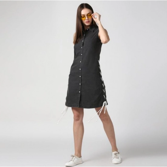 Generic Women's Denim Solid Sleeveless Dress (Black)