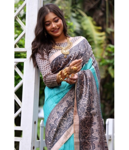 Generic Women's Faux_Tussar Ethnic_Print Saree With Unstitched Blouse 5.5Mtr (Aqua_Blue)