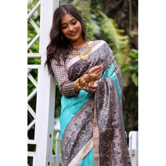 Generic Women's Faux_Tussar Ethnic_Print Saree With Unstitched Blouse 5.5Mtr (Aqua_Blue) Generic Women's Faux_Tussar Ethnic_Print Saree With Unstitched Blouse 5.5Mtr (Aqua_Blue)