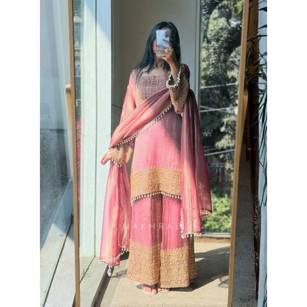 Generic Women's Silk Embroidered 3/4th Sleeve Round Kurti With Sharara Pant and Dupatta Set (Pink) Generic Women's Silk Embroidered 3/4th Sleeve Round Kurti With Sharara Pant and Dupatta Set (Pink)