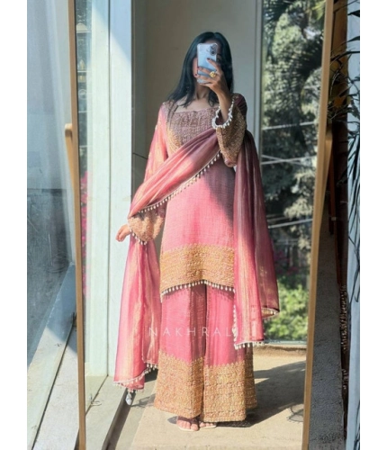 Generic Women's Silk Embroidered 3/4th Sleeve Round Kurti With Sharara Pant and Dupatta Set (Pink)