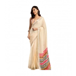Generic Women's Linen Cotton Printed Ready To Wear Saree With Unstitched Blouse 5.5 Mtr (Beige)