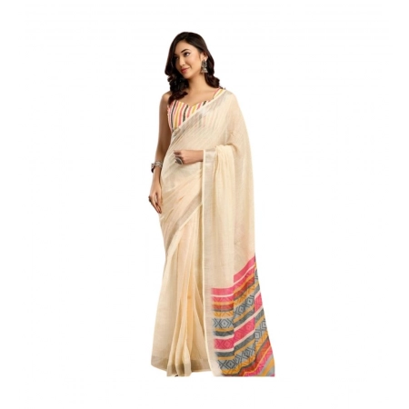 Generic Women's Linen Cotton Printed Ready To Wear Saree With Unstitched Blouse 5.5 Mtr (Beige)