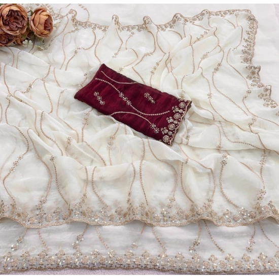 Generic Women's Slik Embellished Saree With Unstitched Blouse 5.5Mtr (White)