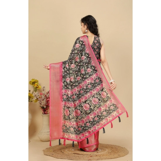 Generic Women's Cotton Silk Floral Printed Saree With Unstitched Blouse 5.5Mtr (Black)