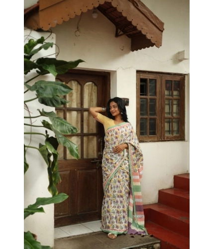 Generic Women's Linen Printed Saree With Unstitched Blouse 5.5Mtr (Multicolor)