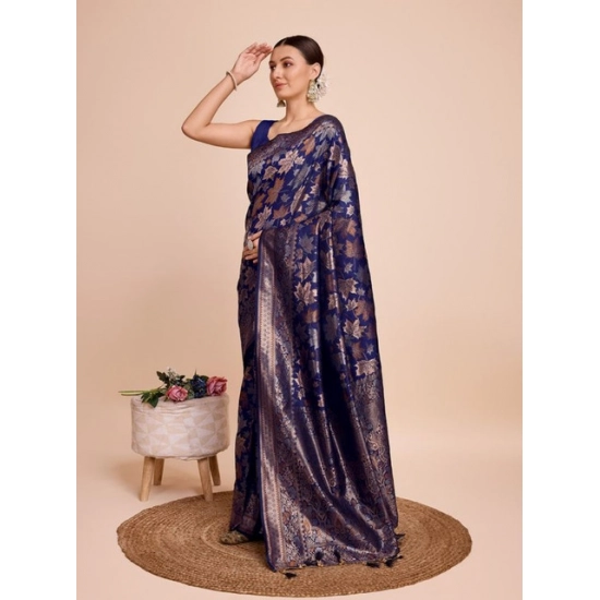 Generic Women's Soft Silk Jacquard Saree With Unstitched Blouse 5.5Mtr (Navy-Blue)