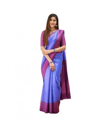 Generic Women's Soft Lichi Silk Printed Saree With Unstitched Blouse 5.5Mtr (Blue)