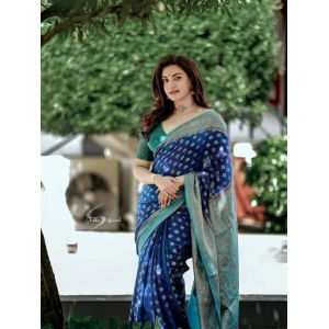 Generic Women's Litchi silk Printed Saree With Unstitched Blouse (Navy Blue)