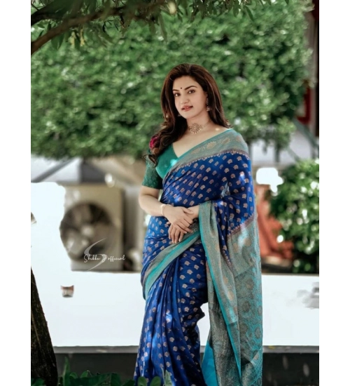 Generic Women's Litchi silk Printed Saree With Unstitched Blouse (Navy Blue)