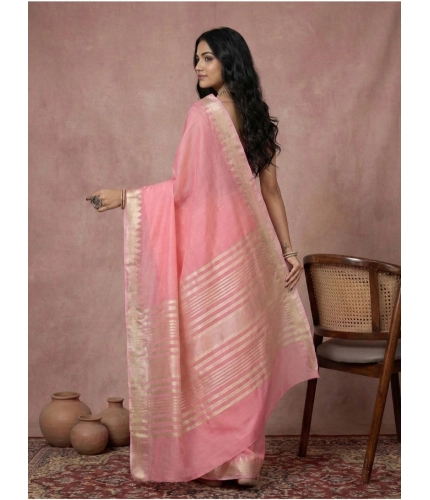 Generic Women's Cotton Printed Saree With Unstitched Blouse 5.5Mtr (Coral Pink)