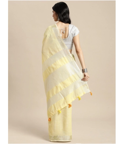 Generic Women's Linen Cotton Printed Saree With Unstitched Blouse 5.5Mtr (Yellow)