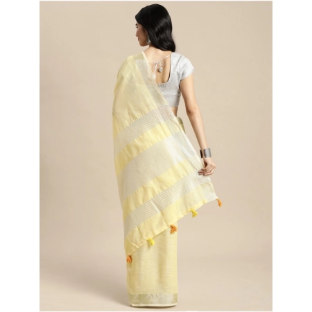 Generic Women's Linen Cotton Printed Saree With Unstitched Blouse 5.5Mtr (Yellow)