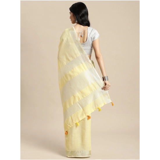 Generic Women's Linen Cotton Printed Saree With Unstitched Blouse 5.5Mtr (Yellow)