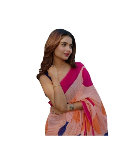 Generic Women's Linen Printed Saree With Unstitched Blouse 5.5Mtr (Orange)