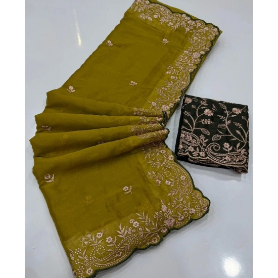 Generic Women's Star Georgette Embroidered Saree With Unstitched Blouse 5.5Mtr (Mustard Yellow)