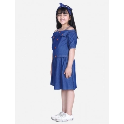 Generic Girl's Denim Solid Cold Shoulder Top and Skirt Set (Navy Blue)