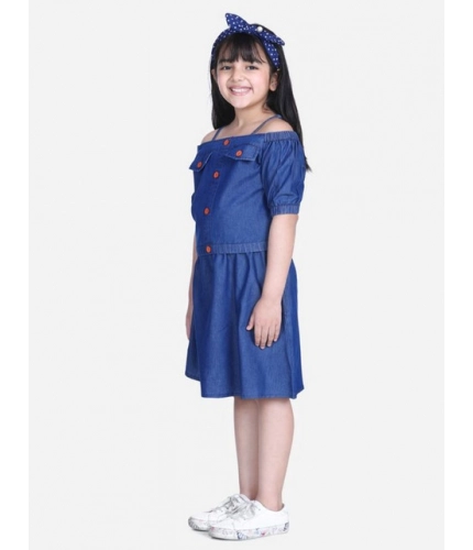 Generic Girl's Denim Solid Cold Shoulder Top and Skirt Set (Navy Blue)