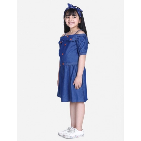Generic Girl's Denim Solid Cold Shoulder Top and Skirt Set (Navy Blue)