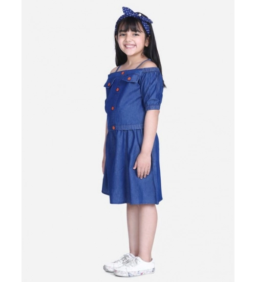 Generic Girl's Denim Solid Cold Shoulder Top and Skirt Set (Navy Blue)