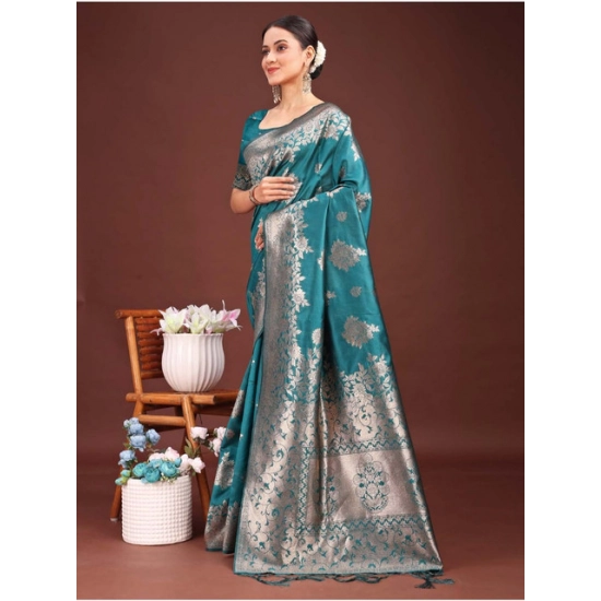 Generic Women's Banarasi Silk Printed Saree With Unstitched Blouse 5.5Mtr (Sea Green)
