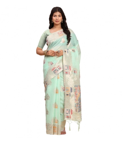 Generic Women's Linen Cotton Printed Saree With Unstitched Blouse 5.5Mtr (Sea Green)