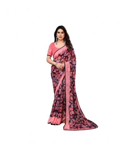 Generic Women's Chiffon Printed Saree With Unstitched Blouse 5.5Mtr (Pink)