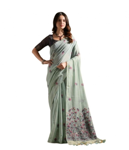 Generic Women's Blended_Cotton Floral Saree With Unstitched Blouse 5.5Mtr (Aqua_Blue)