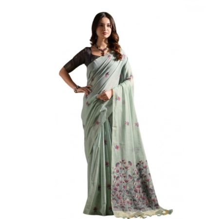 Generic Women's Blended_Cotton Floral Saree With Unstitched Blouse 5.5Mtr (Aqua_Blue)