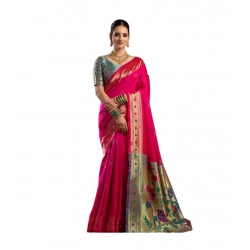 Generic Women's Silk Blend Woven Saree With Unstitched Blouse 5.5 Mtr (Pink)