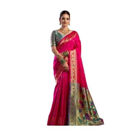Generic Women's Silk Blend Woven Saree With Unstitched Blouse 5.5 Mtr (Pink)