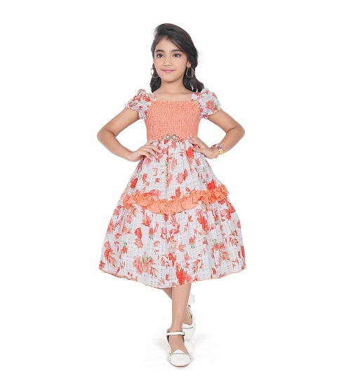 Generic Girl's Twill Printed Short Sleeve Squre Neck Dress (Red)