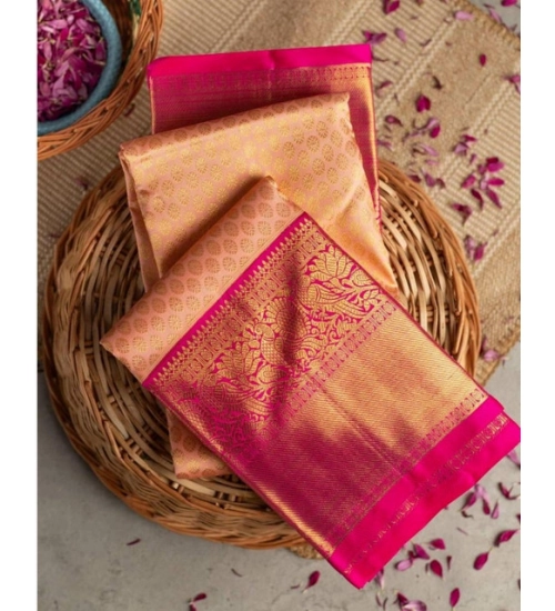 Generic Women's Soft Litchi Silk Jacquard Work Saree With Unstitched Blouse 5.5Mtr (Pink)