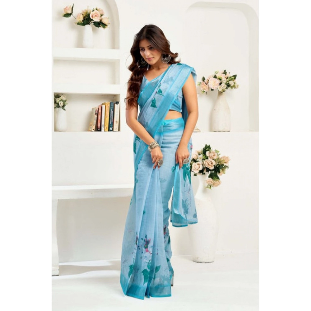 Generic Women's Linen Cotton Printed Ready To Wear Saree With Unstitched Blouse 5.5 Mtr (Sky_Blue)