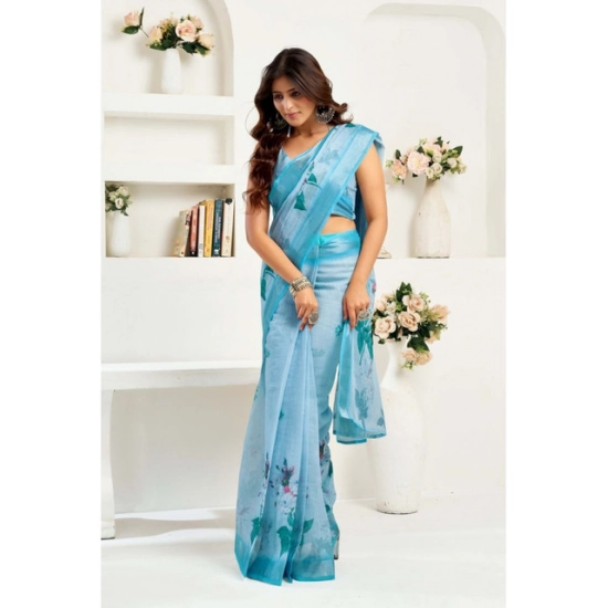 Generic Women's Linen Cotton Printed Ready To Wear Saree With Unstitched Blouse 5.5 Mtr (Sky_Blue)