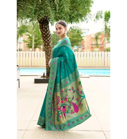 Generic Women's Silk Blend Paithani Weaving Saree With Unstitched Blouse 5.5Mtr (Green)