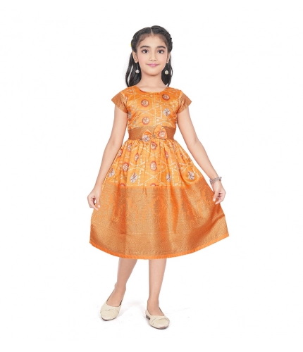 Generic Girl's Brocket Silk Printed Short Sleeve Round Neck Dress (Orange)