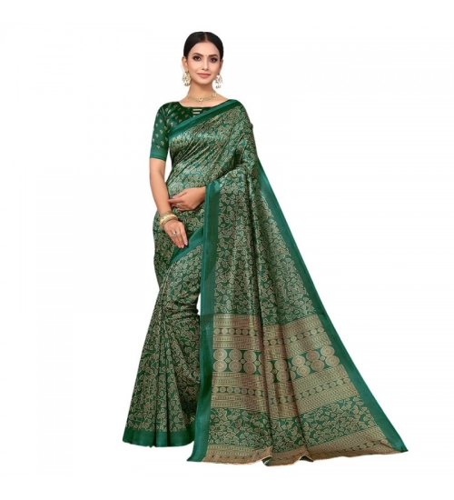 Generic Women's Litchi silk Printed Saree With Unstitched Blouse  5-6 Mtrs (Green)