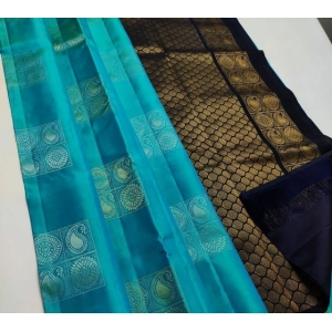 Generic Women's Litchi silk Printed Saree With Unstitched Blouse (Light Blue With Black)