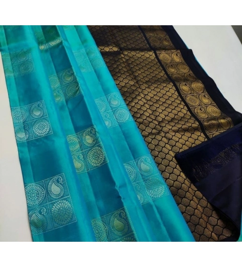 Generic Women's Litchi silk Printed Saree With Unstitched Blouse (Light Blue With Black)